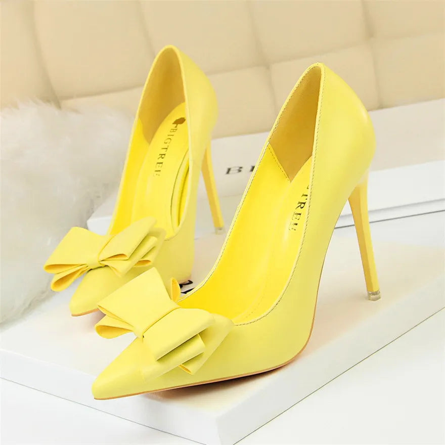 BIGTREE Red Blue Black Shoes Bowknot Sweet Woman Pumps Soft Leather Pointy Toe Women High Heels Stiletto Dress Office Lady Shoes