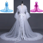 Combhasaki Women Lingerie Lace Sheer Mesh Tulle Perspective V neck layered Ruffle Maxi Floor Long Bath Robe Gown Sleepwear Dress