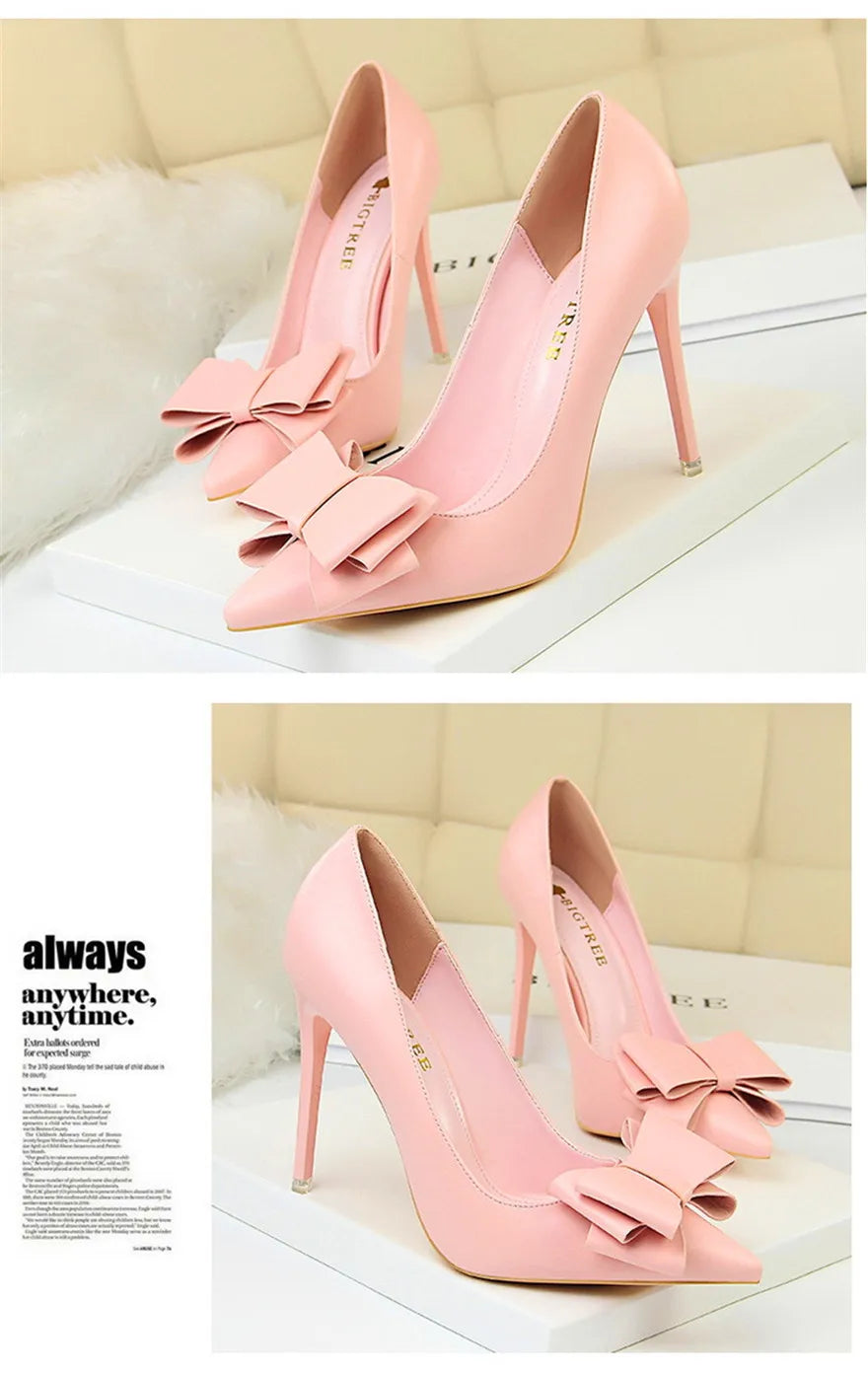 BIGTREE Red Blue Black Shoes Bowknot Sweet Woman Pumps Soft Leather Pointy Toe Women High Heels Stiletto Dress Office Lady Shoes