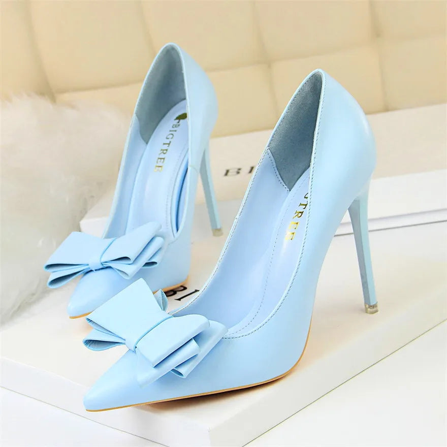 BIGTREE Red Blue Black Shoes Bowknot Sweet Woman Pumps Soft Leather Pointy Toe Women High Heels Stiletto Dress Office Lady Shoes