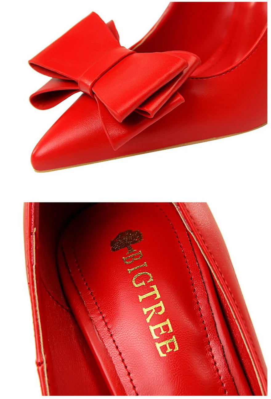 BIGTREE Red Blue Black Shoes Bowknot Sweet Woman Pumps Soft Leather Pointy Toe Women High Heels Stiletto Dress Office Lady Shoes
