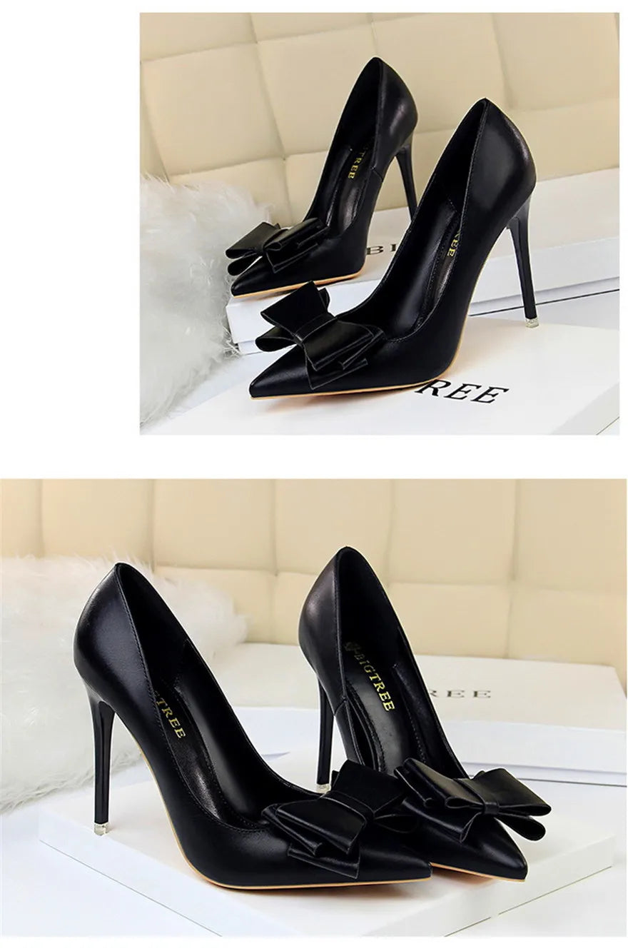 BIGTREE Red Blue Black Shoes Bowknot Sweet Woman Pumps Soft Leather Pointy Toe Women High Heels Stiletto Dress Office Lady Shoes