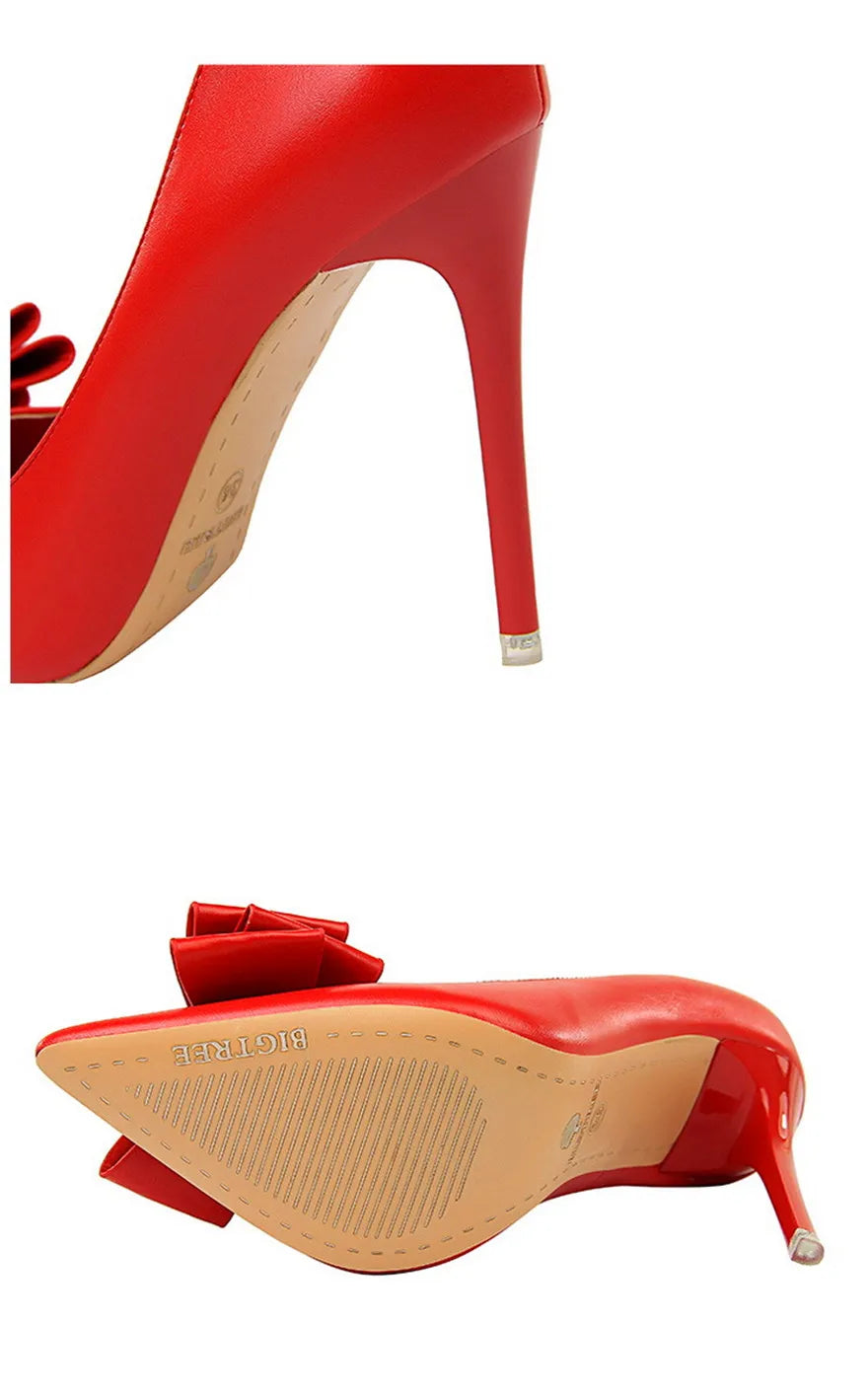 BIGTREE Red Blue Black Shoes Bowknot Sweet Woman Pumps Soft Leather Pointy Toe Women High Heels Stiletto Dress Office Lady Shoes