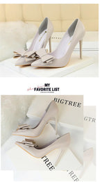 BIGTREE Red Blue Black Shoes Bowknot Sweet Woman Pumps Soft Leather Pointy Toe Women High Heels Stiletto Dress Office Lady Shoes