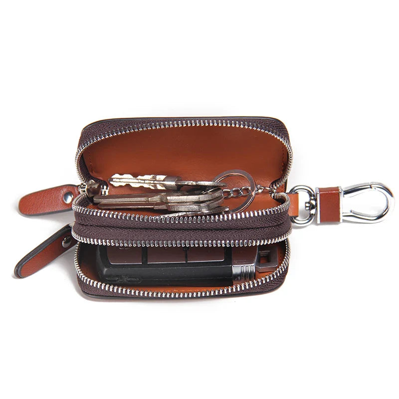 CONTACT'S Classic New Double Zip Men's Genuine Cow Leather Car Key Holder Multifunction Housekeeper  High Class Motor Key Case