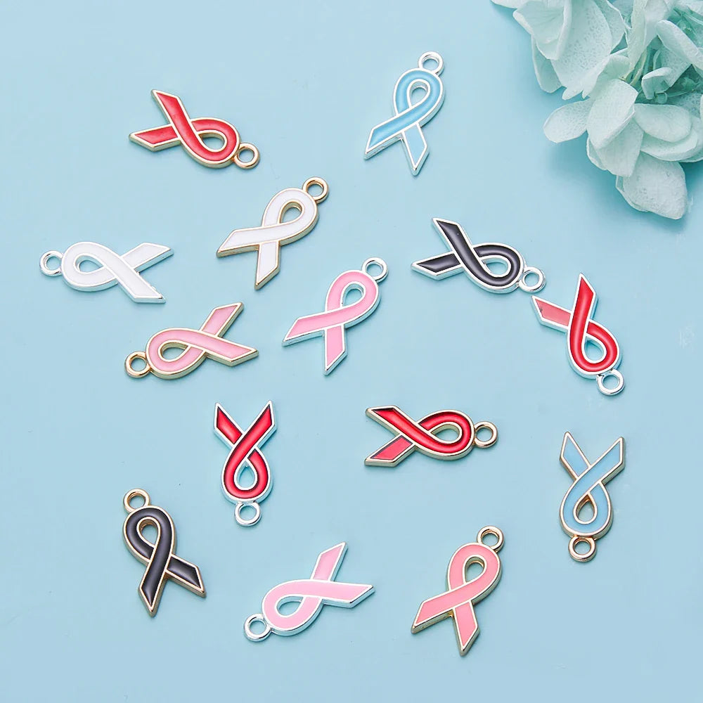 10pcs/lot Breast Cancer Awareness Ribbon Pendant Pink Ribbon Charm Pendants DIY Accessories for Women Jewelry Necklace Bracelet