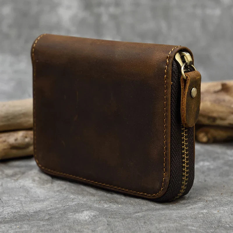 2023 New Short Wallet Men Women Vintage Fashion Card Holder Zipper Coin Purse Crazy Horse Leather Mens Slim Zipper Purse Wallet