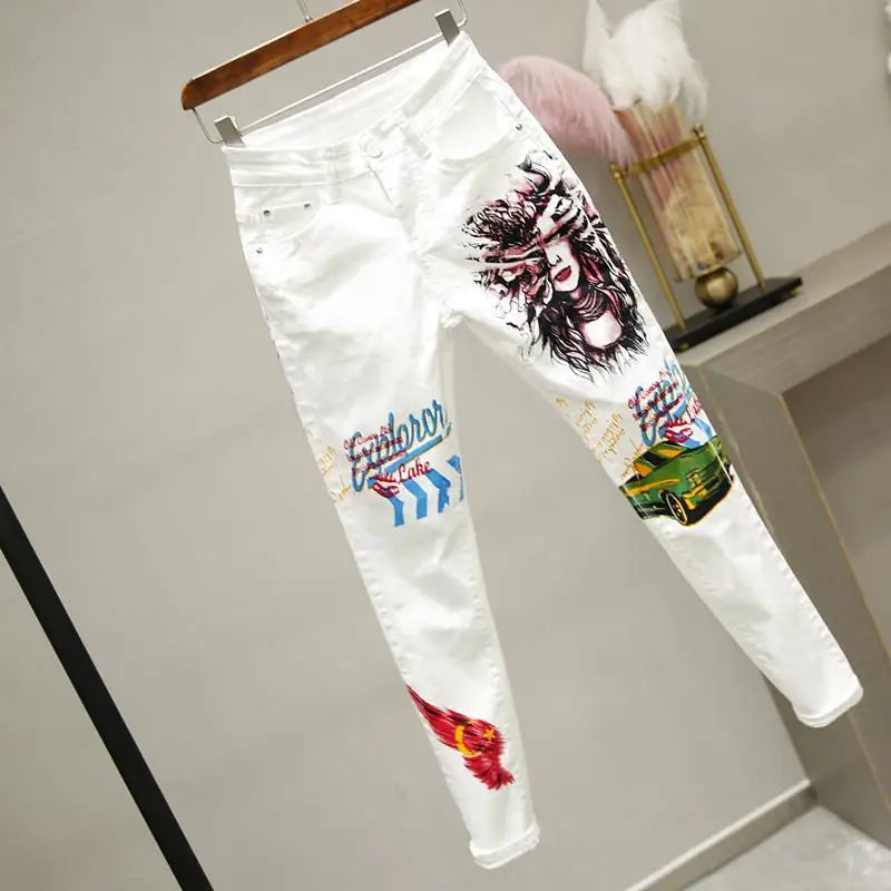 2021 New Autumn Women Jeans Cartoon Graffiti Print Pencil Pants High Waist Stretched Jeans Casual Ankle-length Pants Trousers