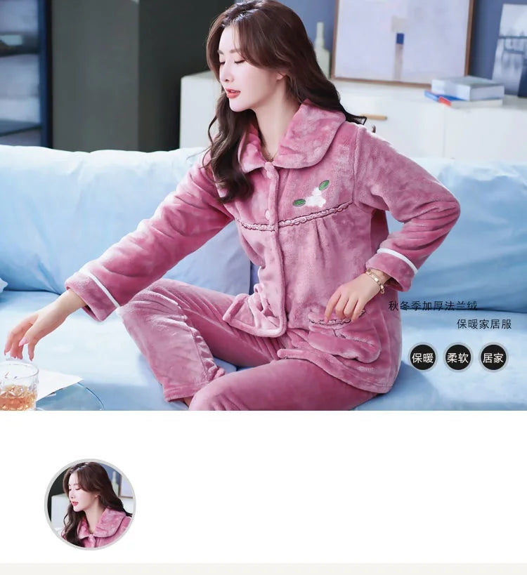 Autumn Winter Thicken Flannel Women Pajamas Set Two-piece suit Warm Loose Long-sleeve Female Casual Home service Single-breasted