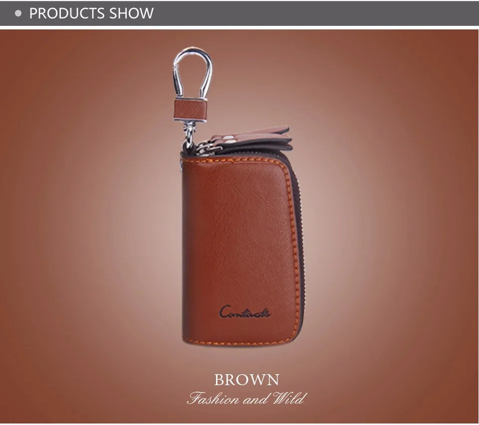 CONTACT'S Classic New Double Zip Men's Genuine Cow Leather Car Key Holder Multifunction Housekeeper  High Class Motor Key Case