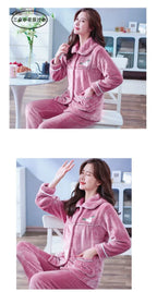 Autumn Winter Thicken Flannel Women Pajamas Set Two-piece suit Warm Loose Long-sleeve Female Casual Home service Single-breasted