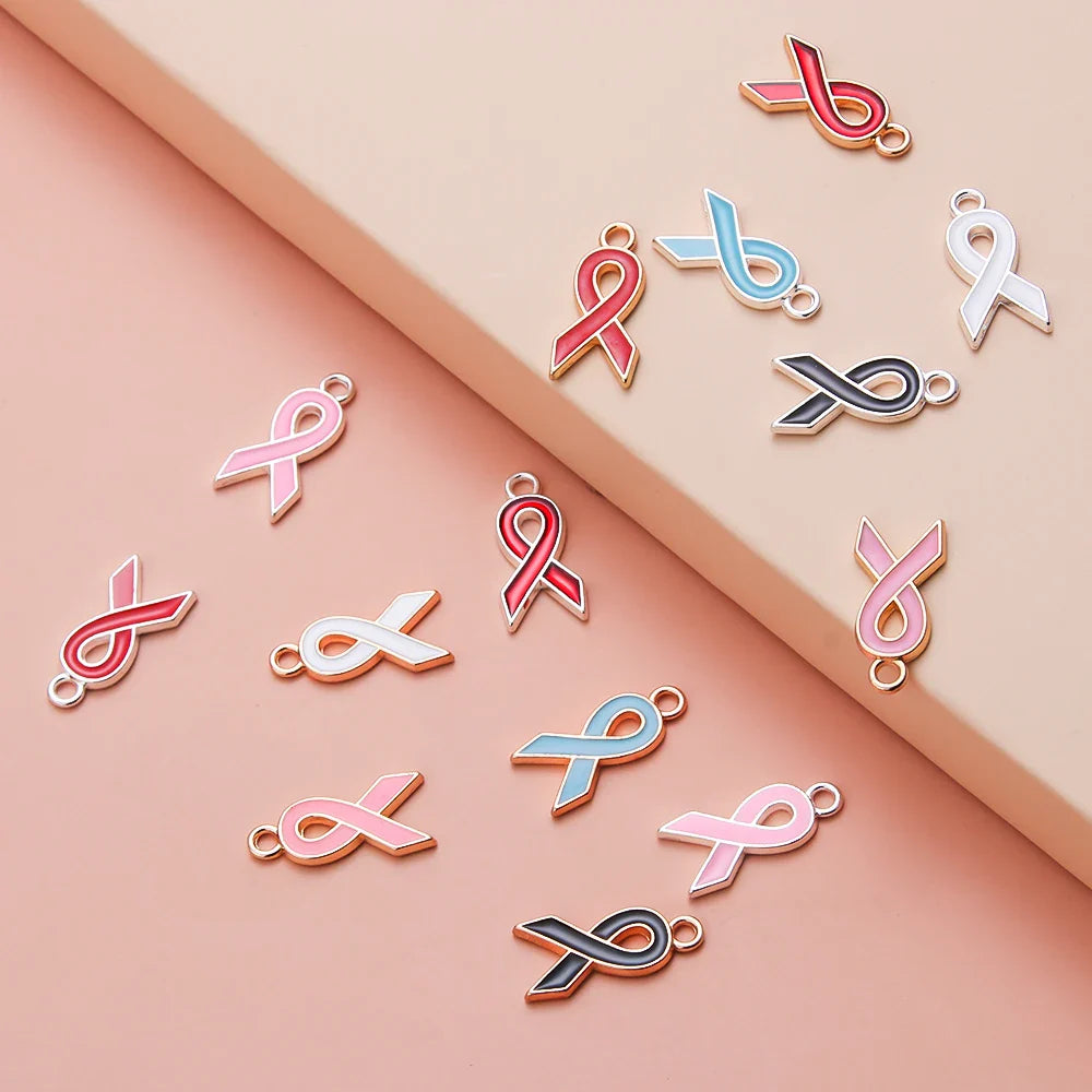 10pcs/lot Breast Cancer Awareness Ribbon Pendant Pink Ribbon Charm Pendants DIY Accessories for Women Jewelry Necklace Bracelet
