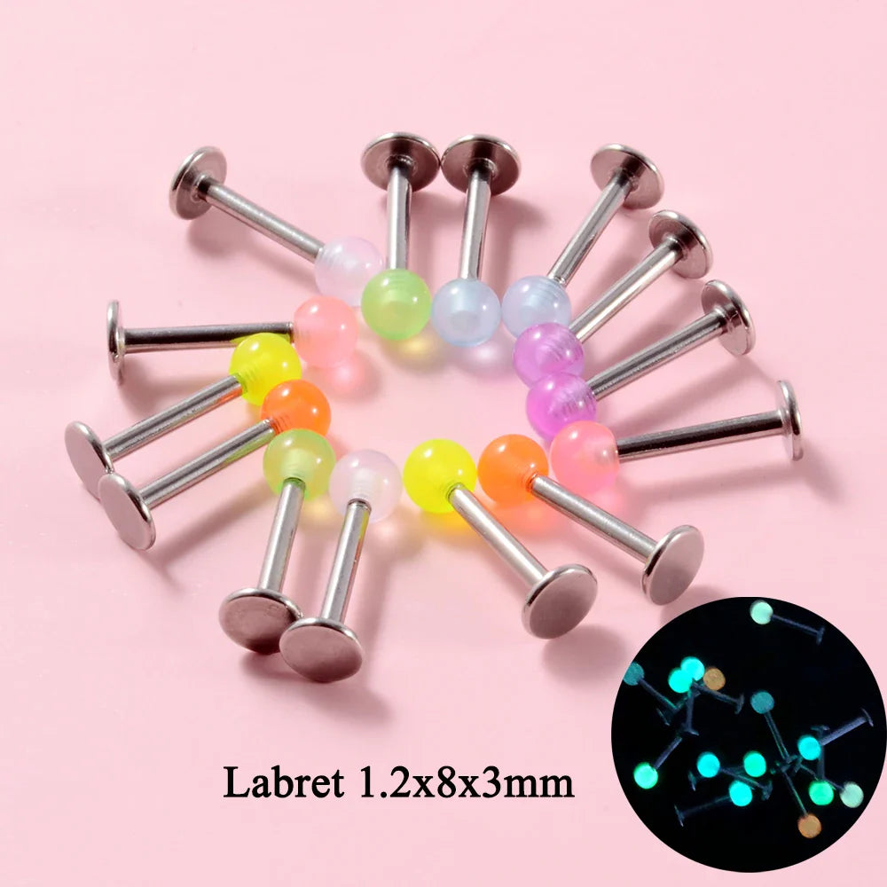 10/14pcs/Set Luminous Surgical Steel Tongue BCR Navel Belly Ring Acrylic Glow in the Dark Ball Labret Stud Body Piercing Jewelry