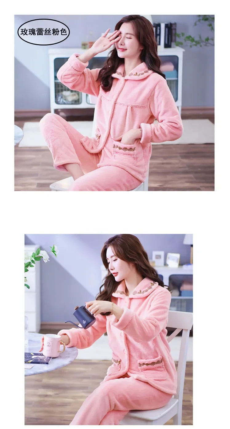 Autumn Winter Thicken Flannel Women Pajamas Set Two-piece suit Warm Loose Long-sleeve Female Casual Home service Single-breasted