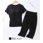 2025 summer new ladies modal pajamas two-piece suit with chest pad short-sleeved cropped trousers plus size home service set