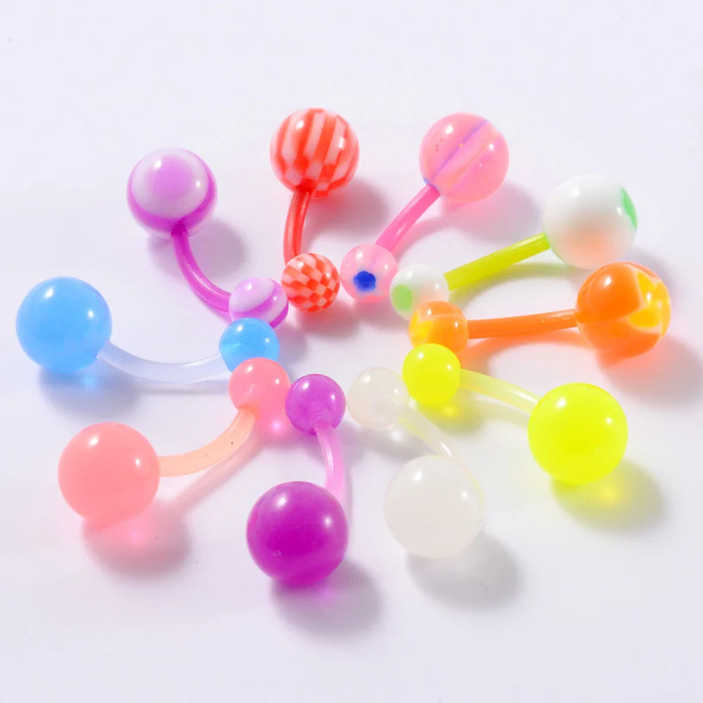 10/14pcs/Set Luminous Surgical Steel Tongue BCR Navel Belly Ring Acrylic Glow in the Dark Ball Labret Stud Body Piercing Jewelry