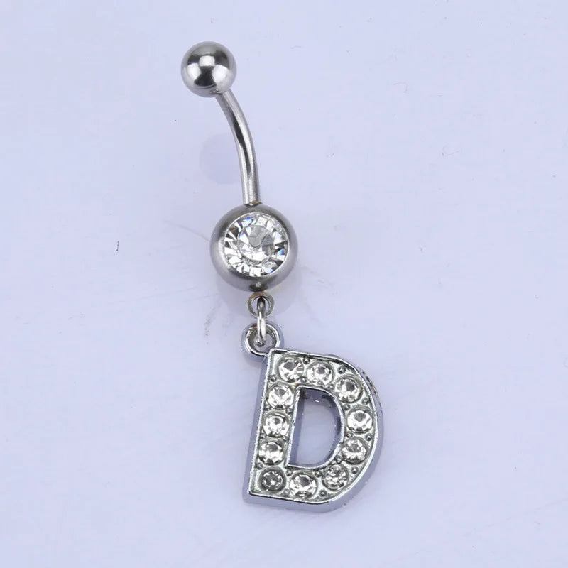 1Pc Letter Belly Button Ring Rhinestone Alphabet Pendant Navel Body Piercing Jewelry Silver Colour Nombril Piercing Gift Women