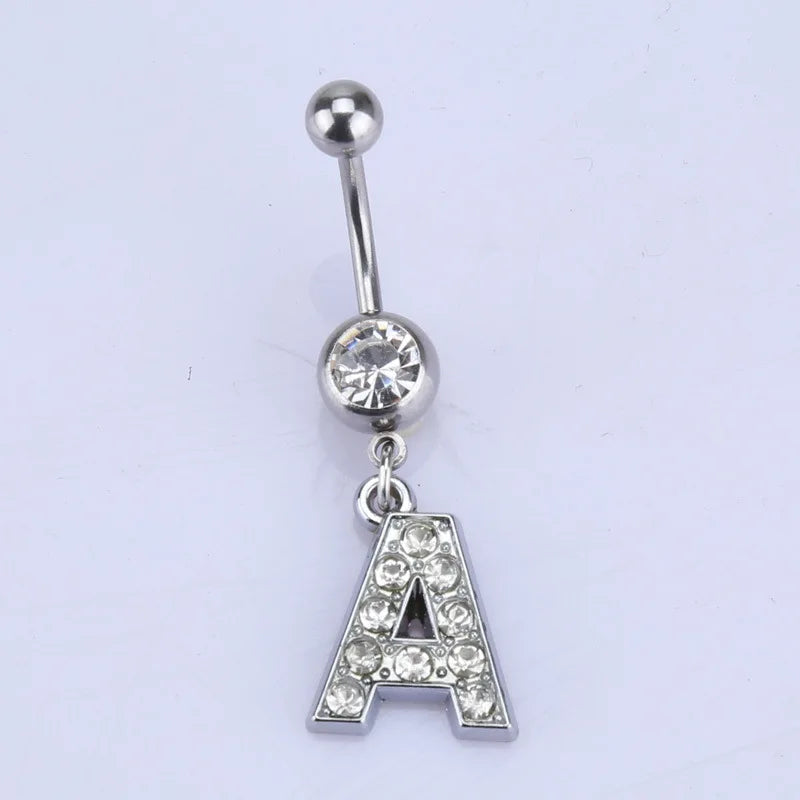 1Pc Letter Belly Button Ring Rhinestone Alphabet Pendant Navel Body Piercing Jewelry Silver Colour Nombril Piercing Gift Women