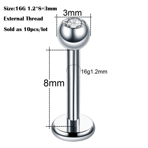 10Pcs/20Pcs/50Pcs G23 Titanium Labret Piercing Internal & External Design Lip Piercing Labret Stud Cartilage Helix Piercing