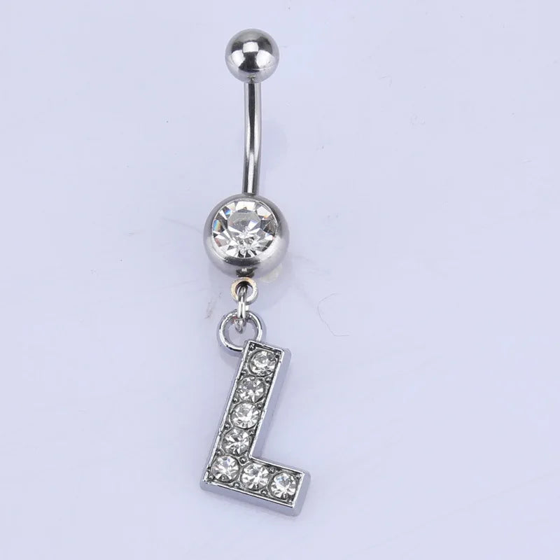 1Pc Letter Belly Button Ring Rhinestone Alphabet Pendant Navel Body Piercing Jewelry Silver Colour Nombril Piercing Gift Women