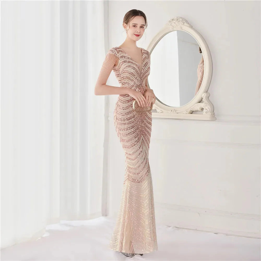 DEERVEADO Elegant V Neck Mermaid Evening Dress Long Luxury Beads Women Evening Party Dresses 2025 New Formal Dress 19085