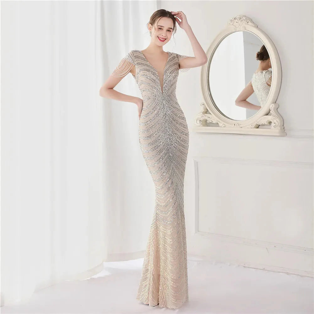 DEERVEADO Elegant V Neck Mermaid Evening Dress Long Luxury Beads Women Evening Party Dresses 2025 New Formal Dress 19085