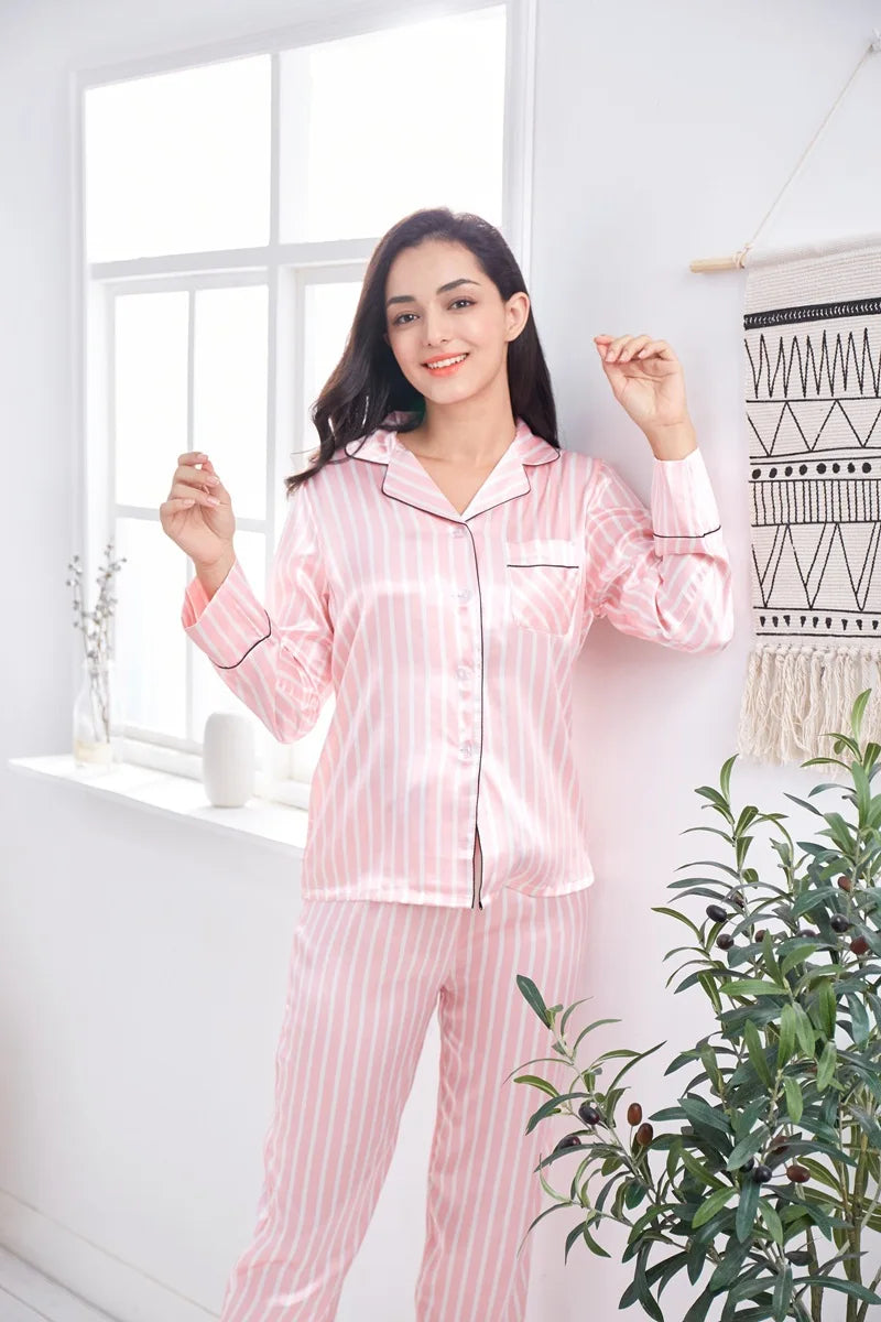 2 Piece Personalized Name Women Sleepwear Faux Silk Satin Pajamas Set Long Sleeve Sleepwear Pajamas Suit Female Homewear