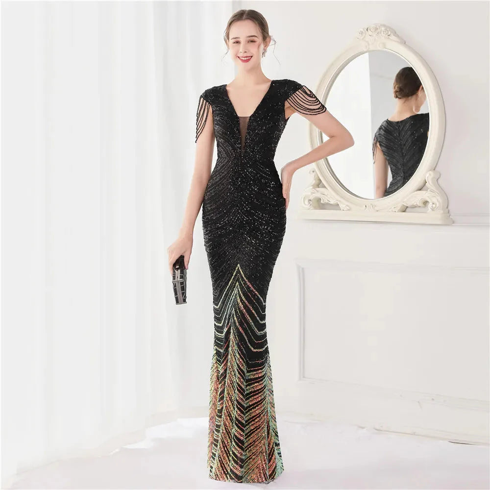 DEERVEADO Elegant V Neck Mermaid Evening Dress Long Luxury Beads Women Evening Party Dresses 2025 New Formal Dress 19085