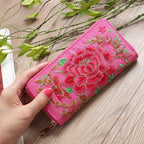 Ethnic Style Embroidery Ladies Wallets Rose Pattern Long Clutch Cloth Money Bag Large Capacity Phone Pocket Women Coin Purse