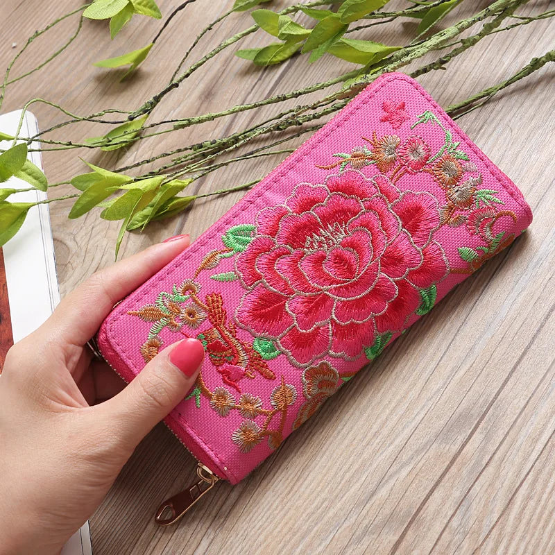 Ethnic Style Embroidery Ladies Wallets Rose Pattern Long Clutch Cloth Money Bag Large Capacity Phone Pocket Women Coin Purse