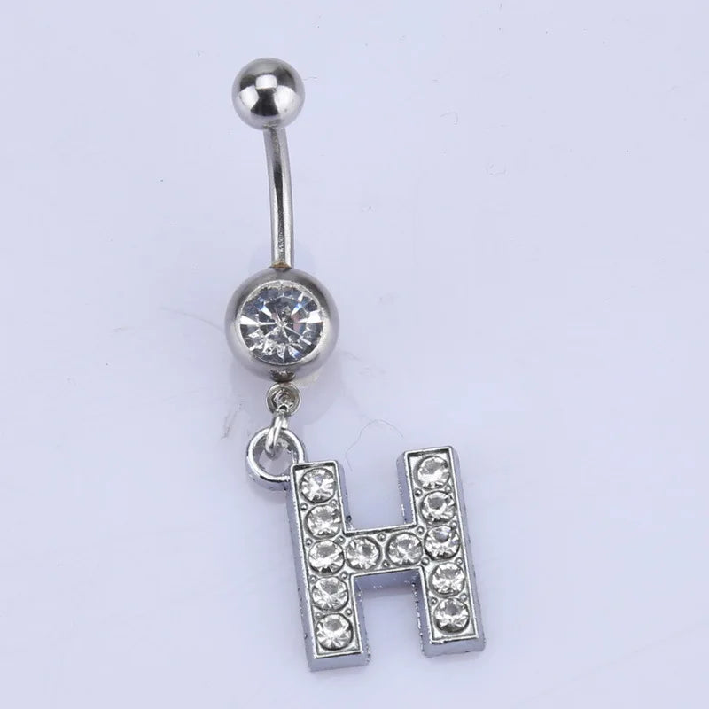 1Pc Letter Belly Button Ring Rhinestone Alphabet Pendant Navel Body Piercing Jewelry Silver Colour Nombril Piercing Gift Women
