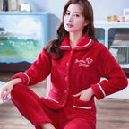 Autumn Winter Thicken Flannel Women Pajamas Set Two-piece suit Warm Loose Long-sleeve Female Casual Home service Single-breasted