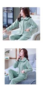 Autumn Winter Thicken Flannel Women Pajamas Set Two-piece suit Warm Loose Long-sleeve Female Casual Home service Single-breasted