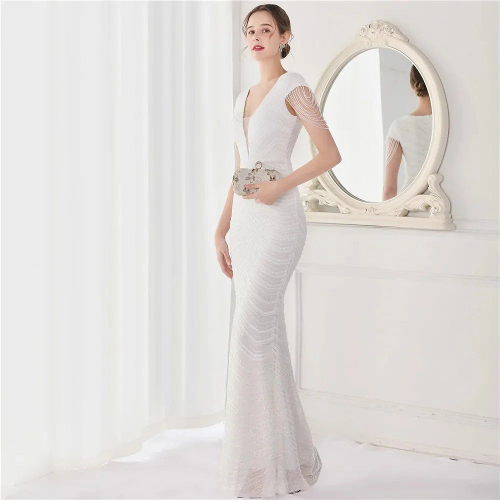 DEERVEADO Elegant V Neck Mermaid Evening Dress Long Luxury Beads Women Evening Party Dresses 2025 New Formal Dress 19085