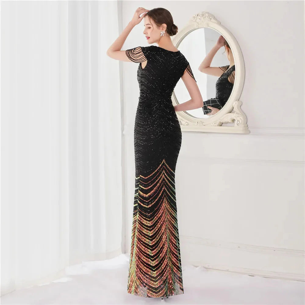 DEERVEADO Elegant V Neck Mermaid Evening Dress Long Luxury Beads Women Evening Party Dresses 2025 New Formal Dress 19085