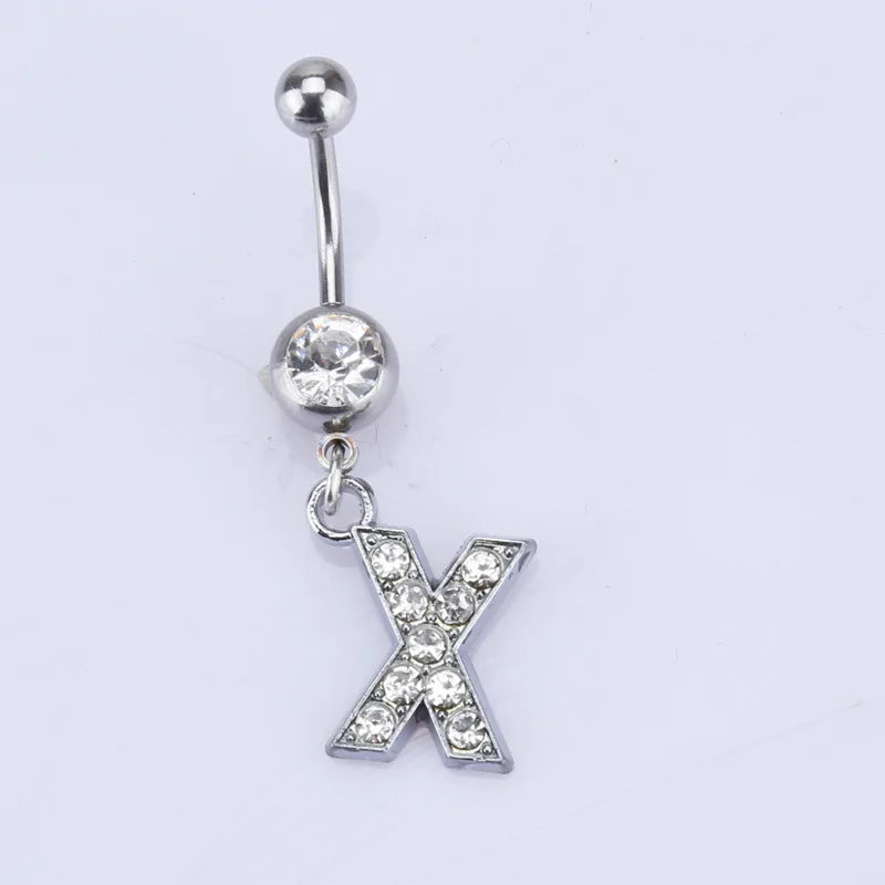 1Pc Letter Belly Button Ring Rhinestone Alphabet Pendant Navel Body Piercing Jewelry Silver Colour Nombril Piercing Gift Women