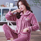 Autumn Winter Thicken Flannel Women Pajamas Set Two-piece suit Warm Loose Long-sleeve Female Casual Home service Single-breasted
