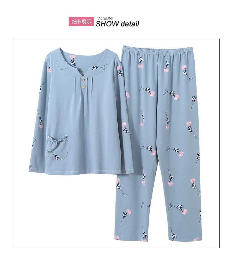 Big yards M-4XL v-neck long sleeve pajamas set for women floral print nightwear autumn cotton sleepwear nightie female pyjama
