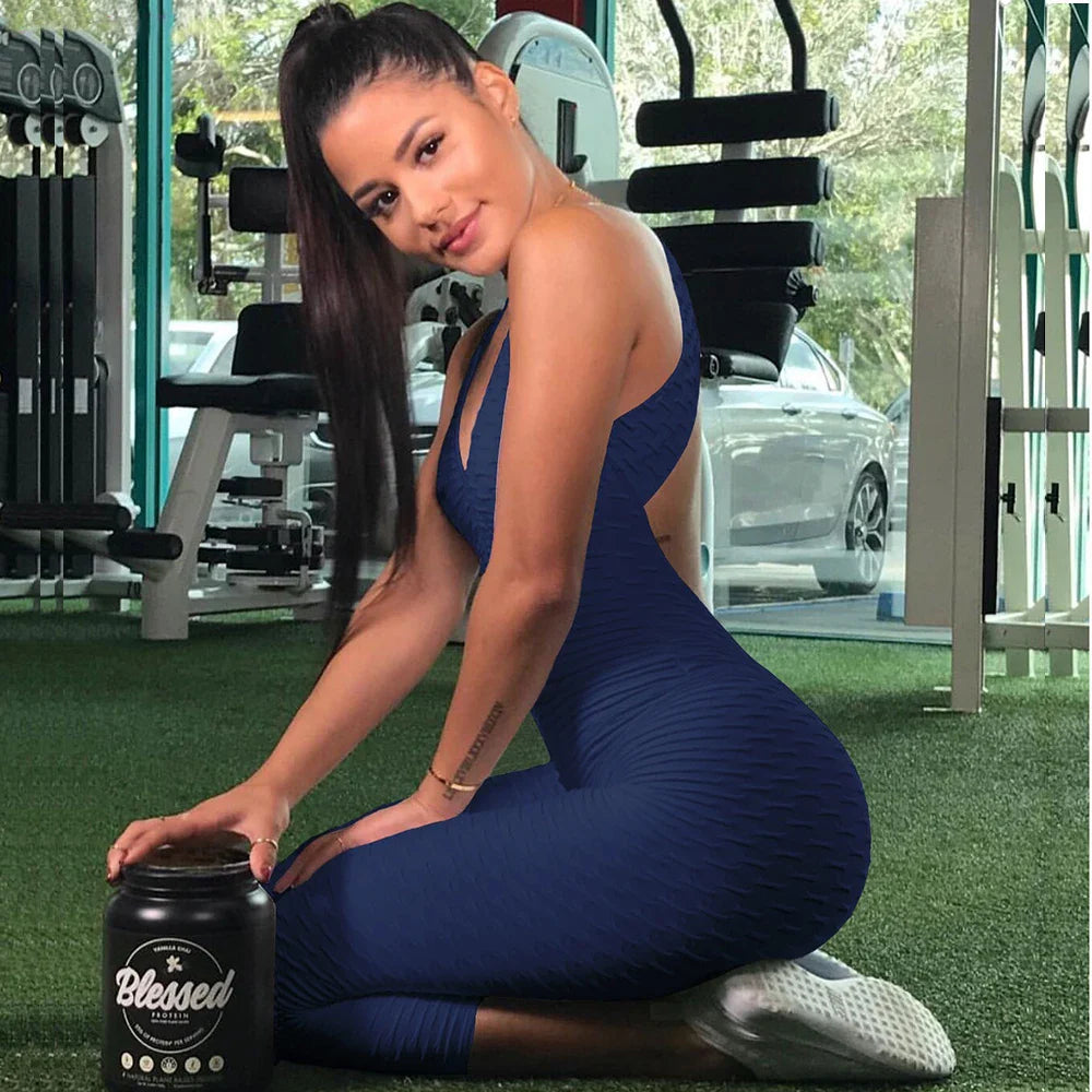 2024 Women's Sports Suit Sleeveless Backless Jumpsuits Costume Quick Dry Gym Bodysuit Tracksuit Fitness Tights Scrunch Leggings