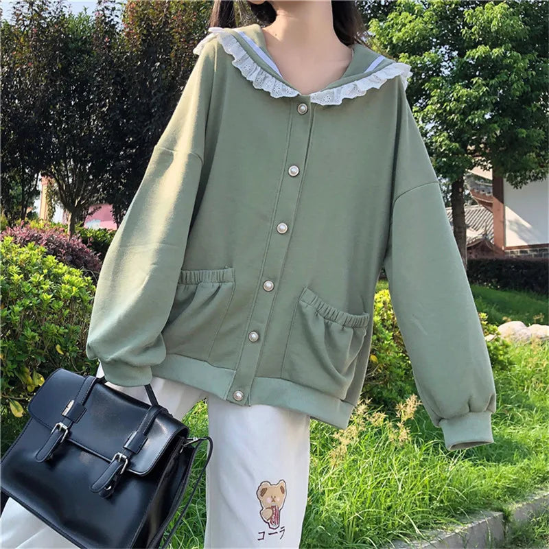 Autumn Sweet Women Hoodies Loose Hooded Sailor Collar Cute Lace Patchwork Female Zip Up Hoodies 2025 NEW