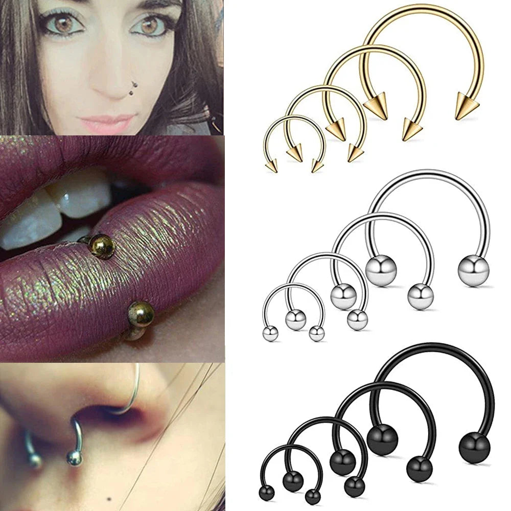 2pcs Stainless Steel Nose Hoop Ring Septum Rings Lip Studs Nostril Earrings Circular Tragus Ear Piercing Horseshoe Body Jewelry