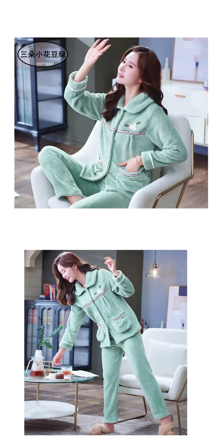 Autumn Winter Thicken Flannel Women Pajamas Set Two-piece suit Warm Loose Long-sleeve Female Casual Home service Single-breasted