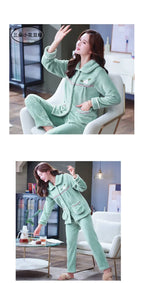 Autumn Winter Thicken Flannel Women Pajamas Set Two-piece suit Warm Loose Long-sleeve Female Casual Home service Single-breasted