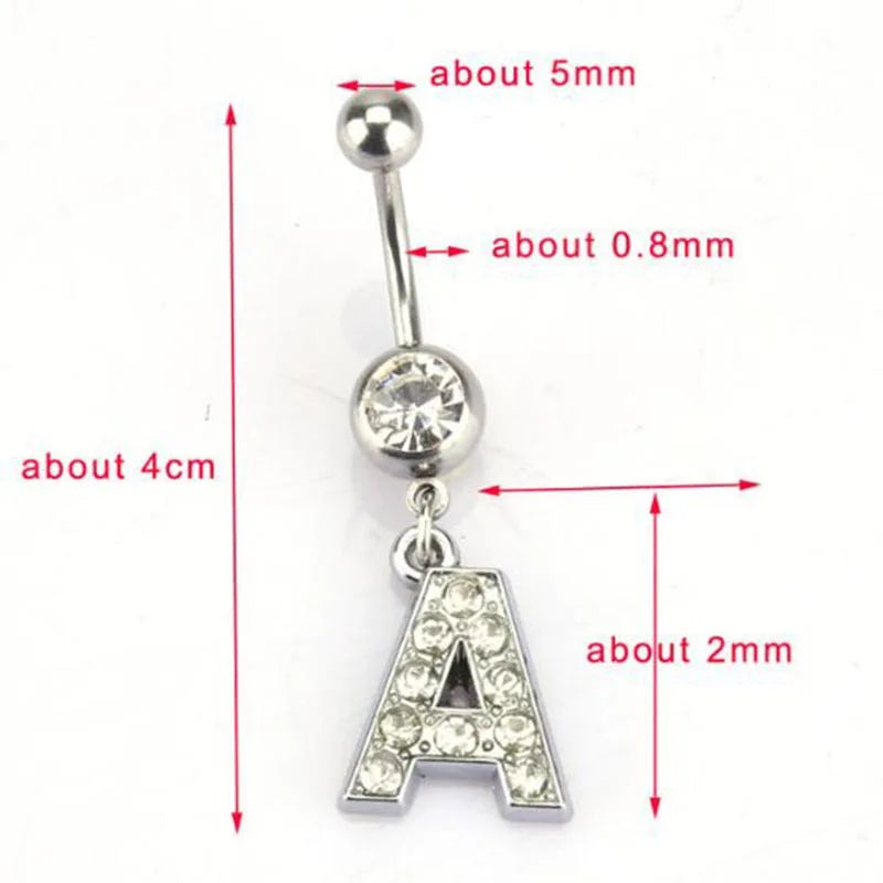 1Pc Letter Belly Button Ring Rhinestone Alphabet Pendant Navel Body Piercing Jewelry Silver Colour Nombril Piercing Gift Women