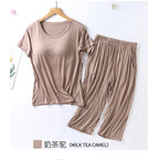 2025 summer new ladies modal pajamas two-piece suit with chest pad short-sleeved cropped trousers plus size home service set