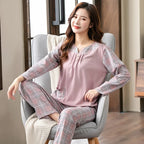 Big yards M-4XL v-neck long sleeve pajamas set for women floral print nightwear autumn cotton sleepwear nightie female pyjama
