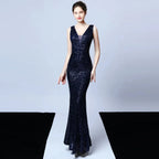 DEERVEADO Elegant V Neck Sequin Evening Dress Long 2025 New Women Mermaid Formal Dress Party Gown Bodycon Maxi Prom Dress