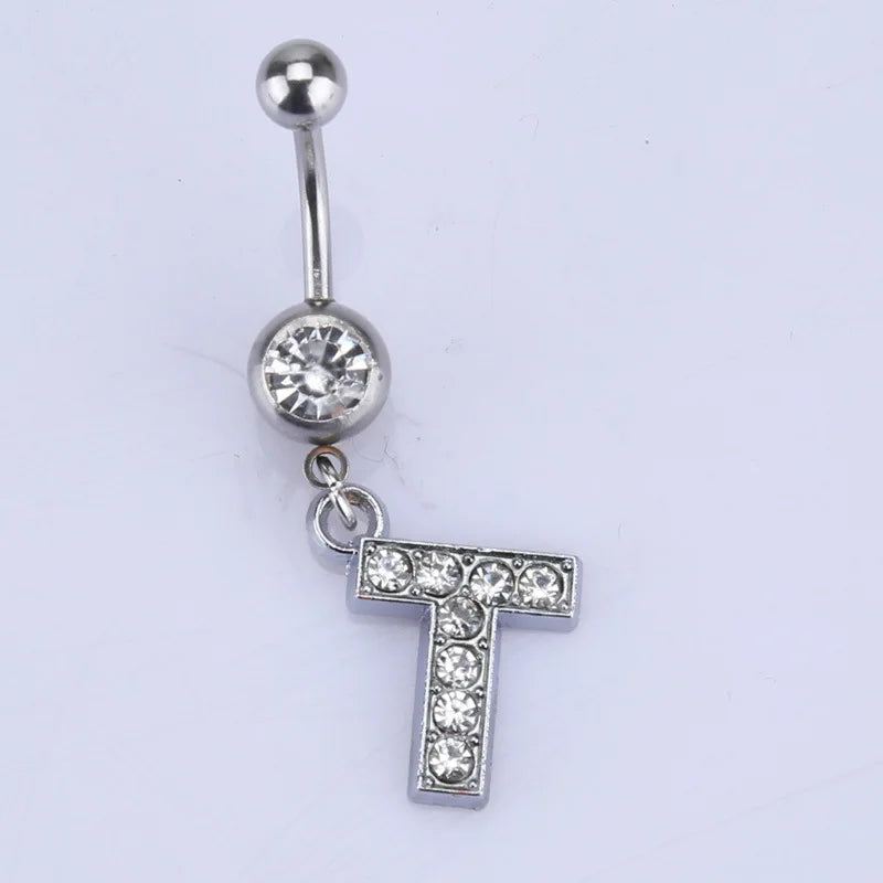1Pc Letter Belly Button Ring Rhinestone Alphabet Pendant Navel Body Piercing Jewelry Silver Colour Nombril Piercing Gift Women