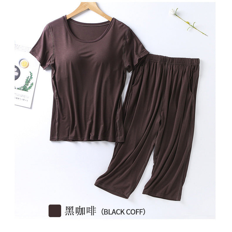 2025 summer new ladies modal pajamas two-piece suit with chest pad short-sleeved cropped trousers plus size home service set