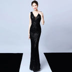 DEERVEADO Elegant V Neck Sequin Evening Dress Long 2025 New Women Mermaid Formal Dress Party Gown Bodycon Maxi Prom Dress